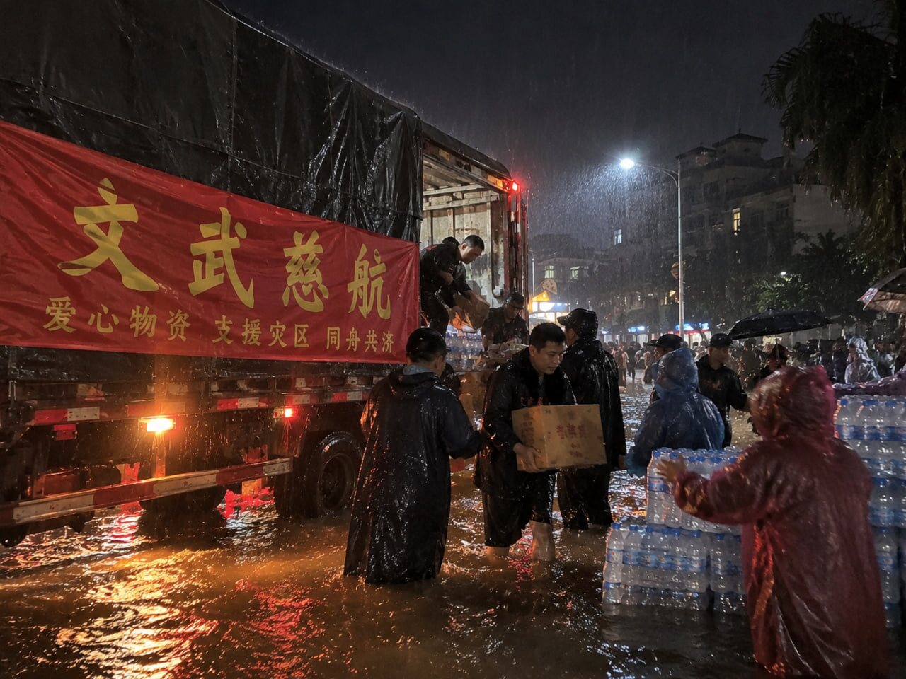 雨中开展物资援助